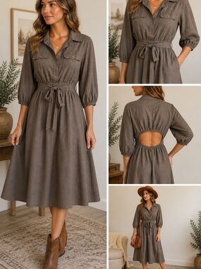 Mulla Brown charcoal Shirt Dress Cutout Back Midi Large linen mix boutique